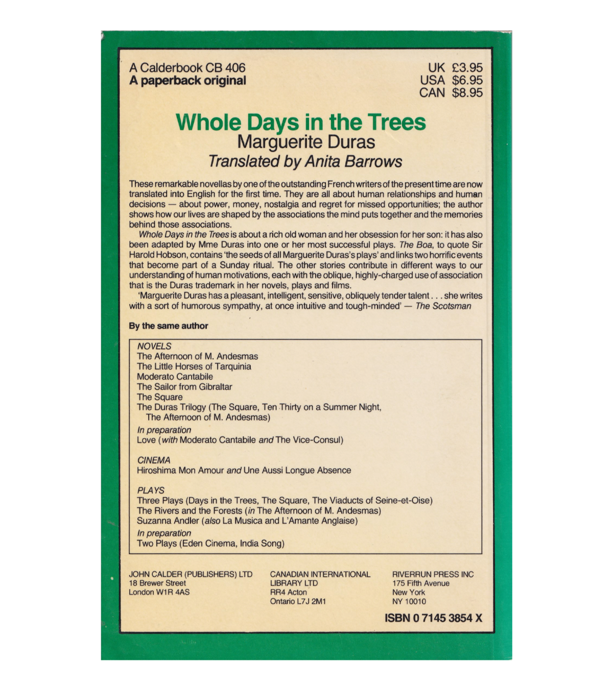 Marguerite Duras: Whole Days in the Trees & Other Stories (Riverrun Press, 1984)