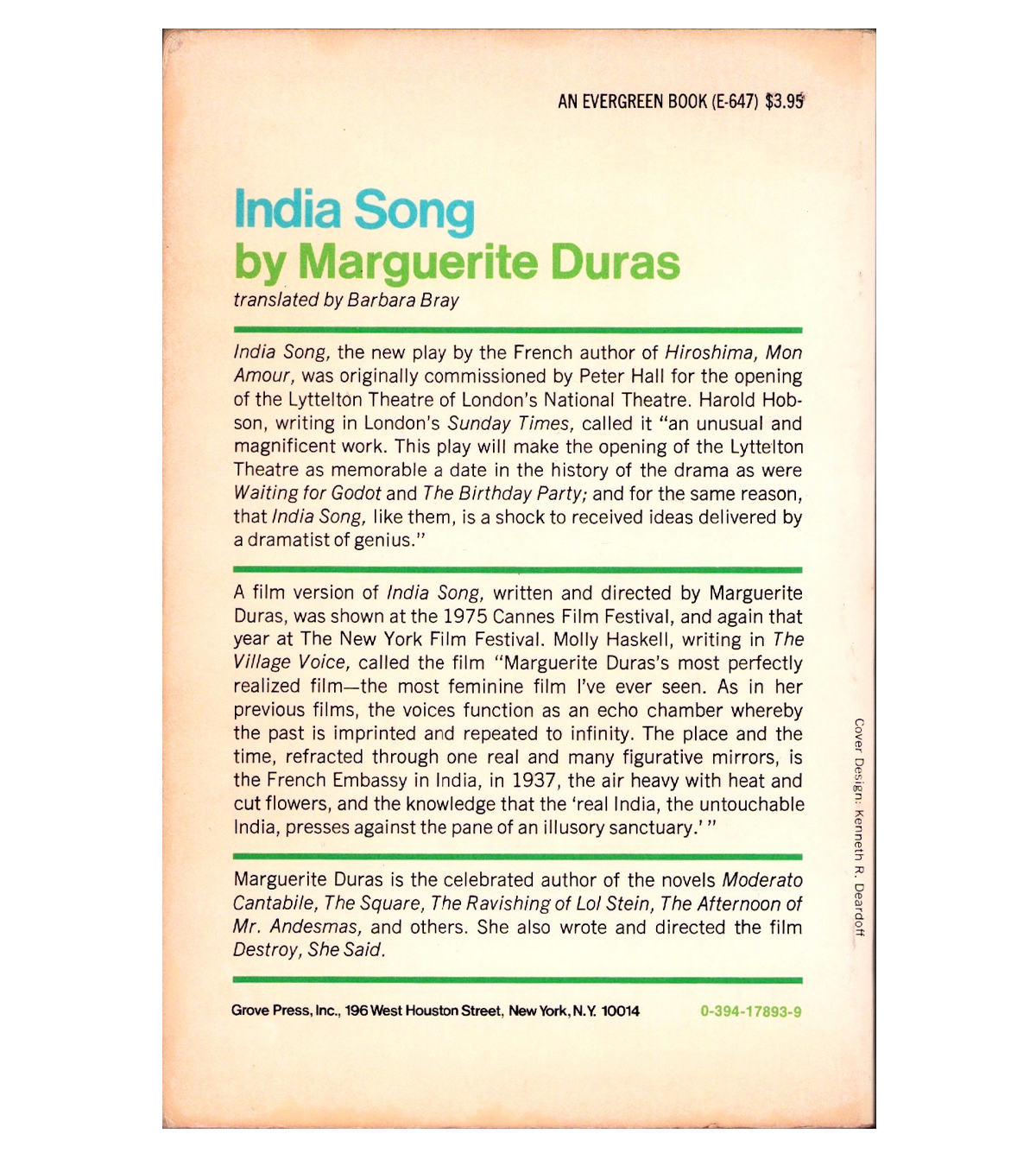 Marguerite Duras: India Song (Evergreen/Grove Press, 1976)