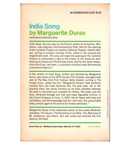 Marguerite Duras: India Song (Evergreen/Grove Press, 1976)